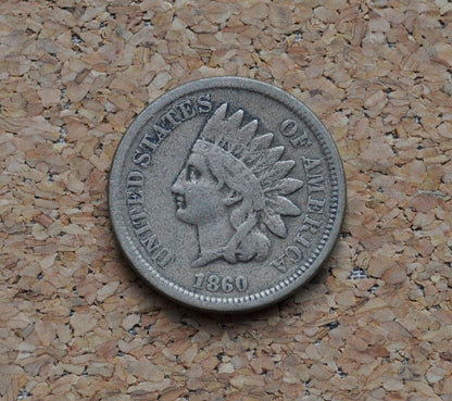1860 Indian Head Penny  - Pointed Bust - F (Fine) Grade / Condition - Second year of production - 1860 Cent Indian Head 1860 Pointed Variety