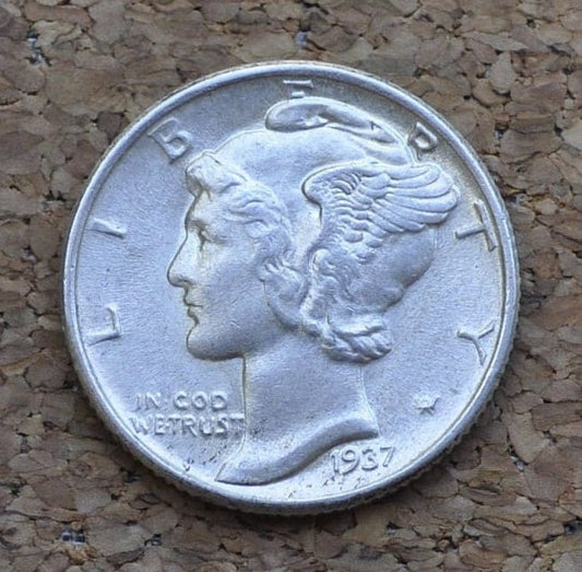 1937 Mercury Silver Dime - AU (About Uncirculated) - Philadelphia Mint - 1937 P Winged Liberty Head Silver Dime 1937P Dime