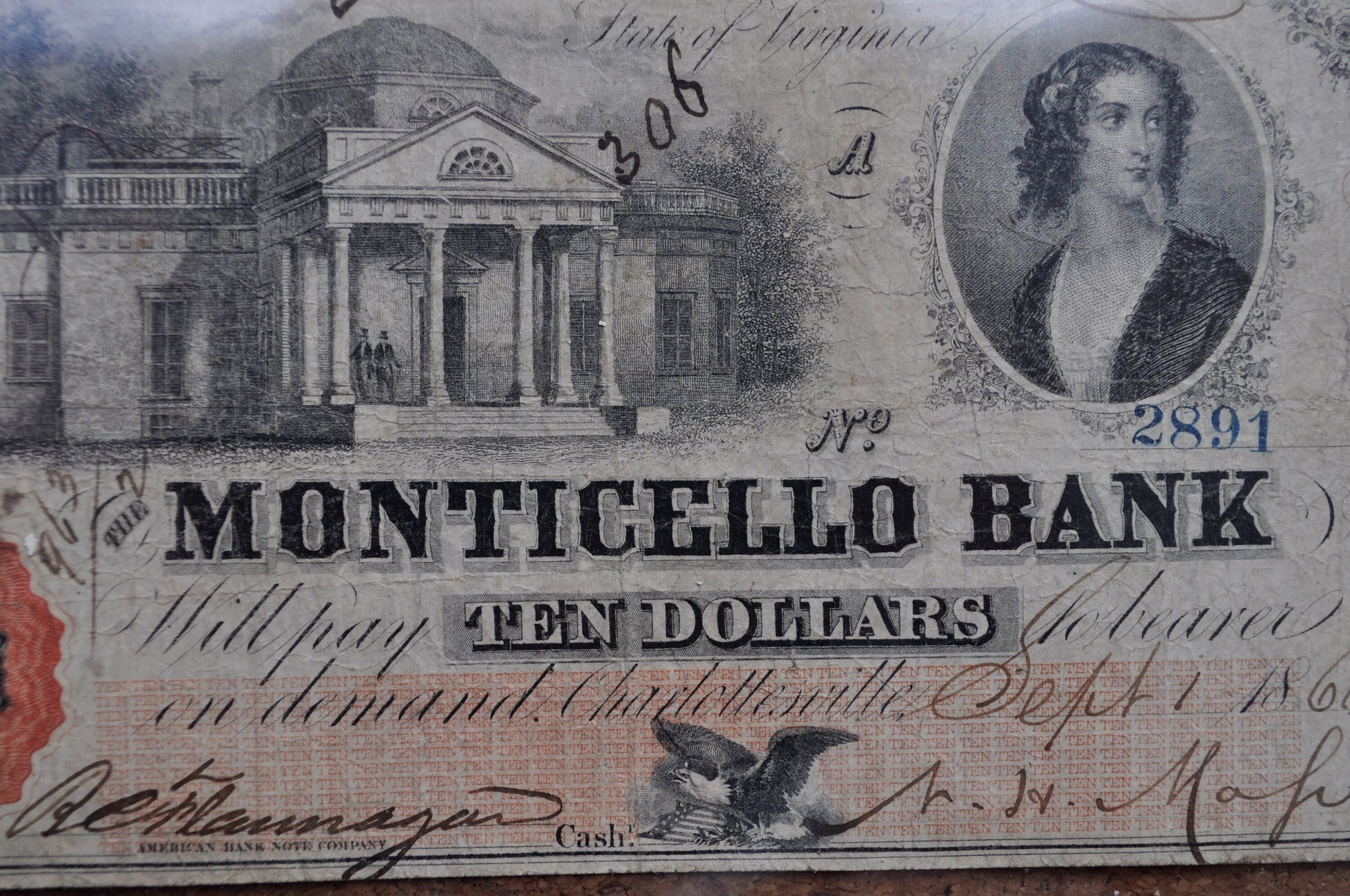 1860 Monticello Bank of Charlottesville Virginia 10 Dollar Paper Banknote - Very Rare and in Very Fine Condition - Obsolete Currency