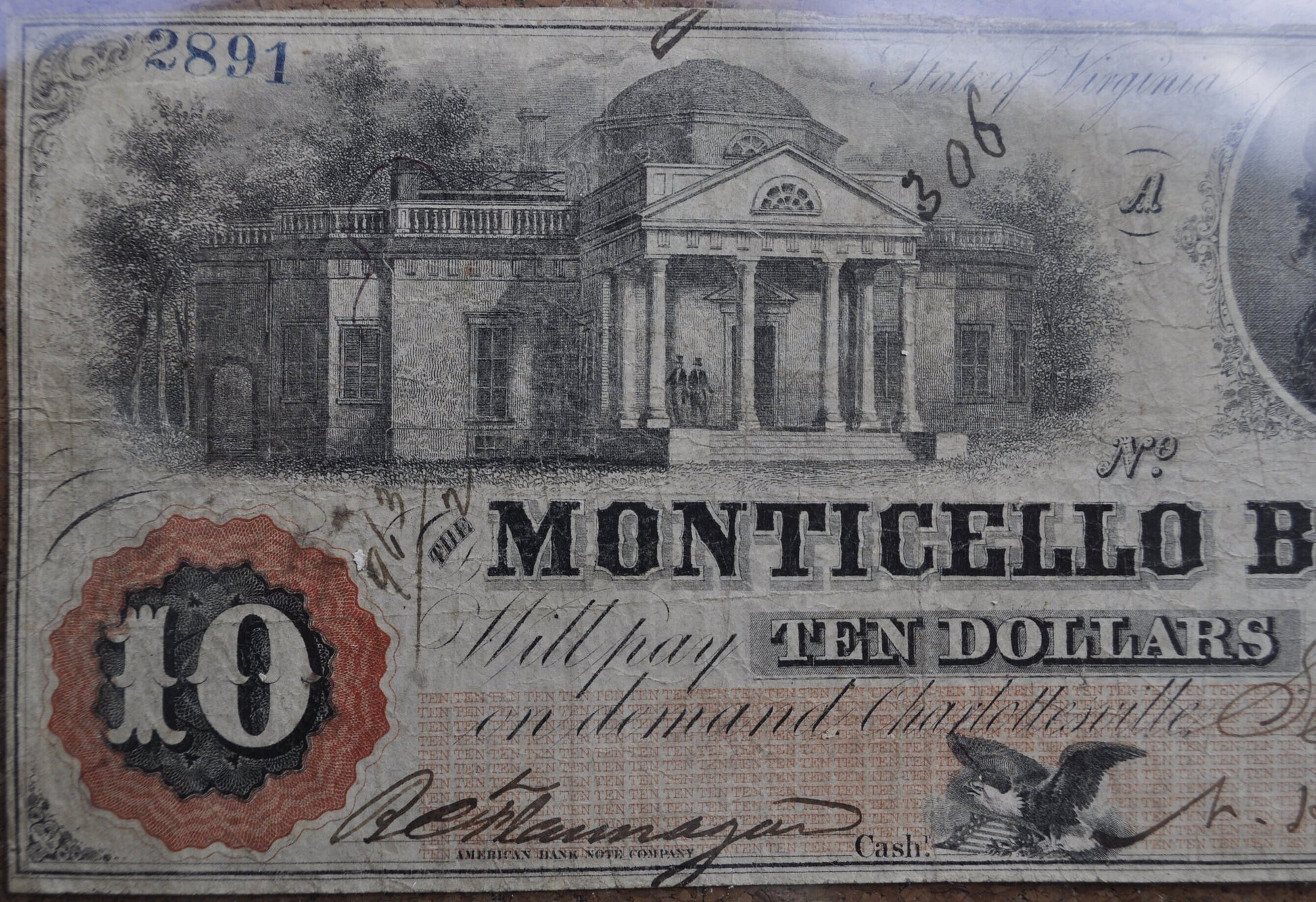 1860 Monticello Bank of Charlottesville Virginia 10 Dollar Paper Banknote - Very Rare and in Very Fine Condition - Obsolete Currency