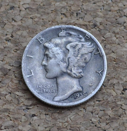 1939-D Mercury Silver Dime - VF (Very Fine) - Denver Mint - 1939D Winged Liberty Head Dime - Silver Dime