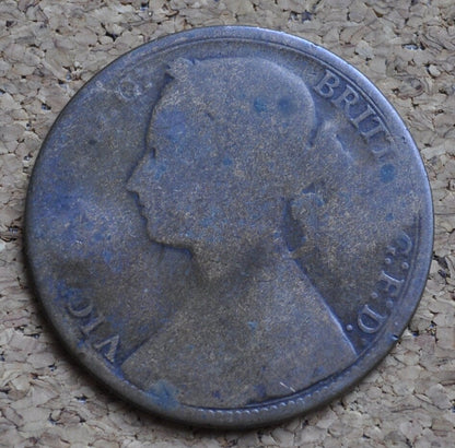 1877 Great Britain One Penny - AG (About Good) Condition - UK Large Penny 1877 - Queen Victoria 1 Penny - Bronze - UK penny Young Head 1877