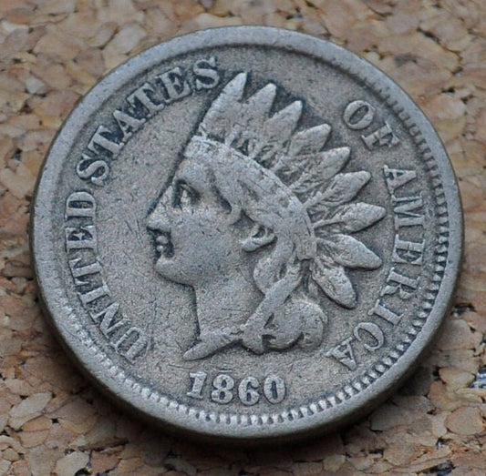 1860 Indian Head Penny  - Pointed Bust - F (Fine) Grade / Condition - Second year of production - 1860 Cent Indian Head 1860 Pointed Variety