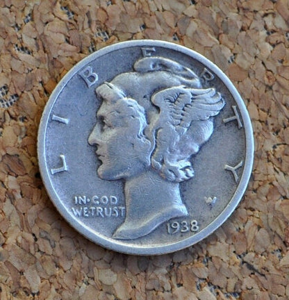 1938-S Mercury Silver Dime - VF to EF (Very Fine to Extremely Fine) - San Francisco Mint - 1938 S Winged Liberty Head Silver Dime 1938S Dime