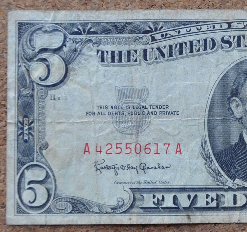 1963 5 Dollar United States Note Red Seal - Fine to AU, Choose by grade - 5 Dollar Bill 1963 Five Dollar Red Seal - Fr#1536