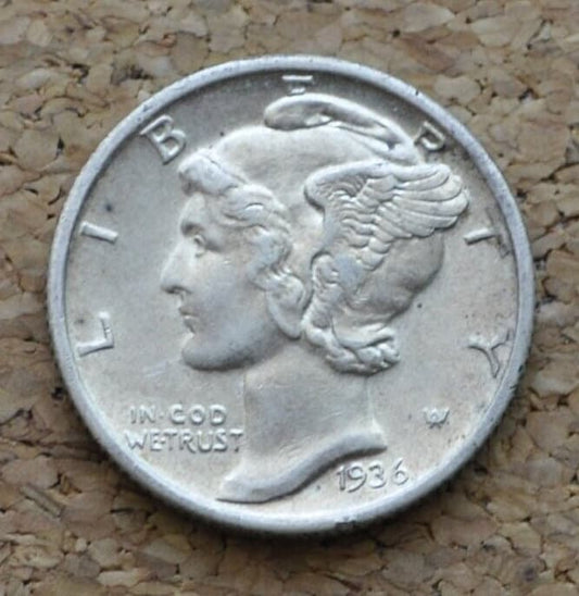 1936 Mercury Silver Dime - AU (About Uncirculated) - Philadelphia Mint - 1936P Liberty Head Dime - 1936-P
