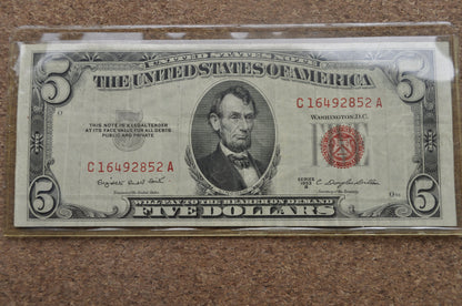 1953 Red Seal 5 Dollar Bill Fr#1533 - Choose by Grade, Good to Extra Fine - 1953 Five Dollar Bill 1953 Fr#1533, 1953A, 1953B