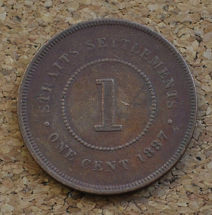 1887 British Straits Settlements One Cent - F (Fine) Condition - UK Large Penny 1887 - 1 Penny 1887 UK penny Straits Settlements