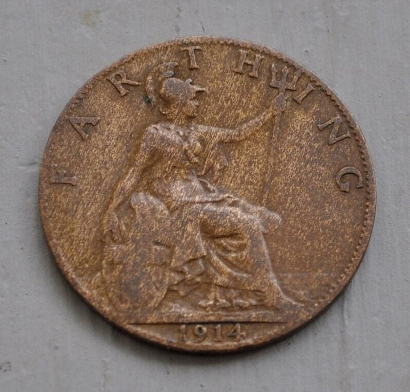 1914 One Farthing Great Britain - F (Fine) grade / condition - UK 1 Farthing 1914 - King George V - One Quarter Penny 1914