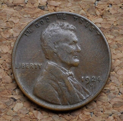 1924-D Wheat Penny - F-VF (Fine to Very Fine) - Key Date - Denver Mint - 1924 D Wheat Ear Cent - Better Grade - Key Date Wheat Cent 1924D