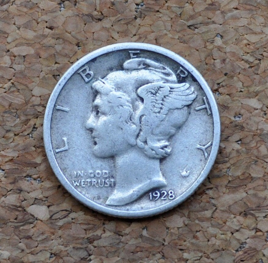 1928 Mercury Silver Dime - F-VF (Fine to Very Fine) Grade - Philadelphia Mint - 1928-P Mercury Head Dime / 1928P Winged Liberty Head Dime