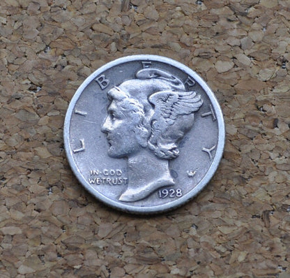 1928 Mercury Silver Dime - F-VF (Fine to Very Fine) Grade - Philadelphia Mint - 1928-P Mercury Head Dime / 1928P Winged Liberty Head Dime