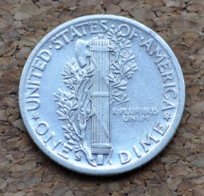 1942-S Mercury Silver Dime - Avg. Circ WWII Era Dime - San Francisco Mint 1942 S Winged Liberty Dime Winged Liberty Head Silver Dime 1942 S