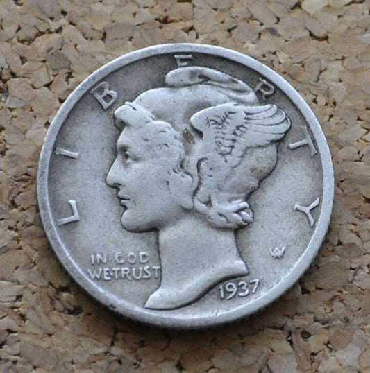 1937-D Mercury Dime - VF (Very Fine) Grade - Great Detail - Denver Mint - 1937 D Winged Liberty Head Dime - Silver Dime 1937 D