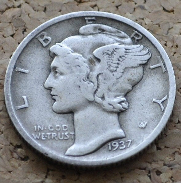 1937-D Mercury Dime - VF (Very Fine) Grade - Great Detail - Denver Mint - 1937 D Winged Liberty Head Dime - Silver Dime 1937 D