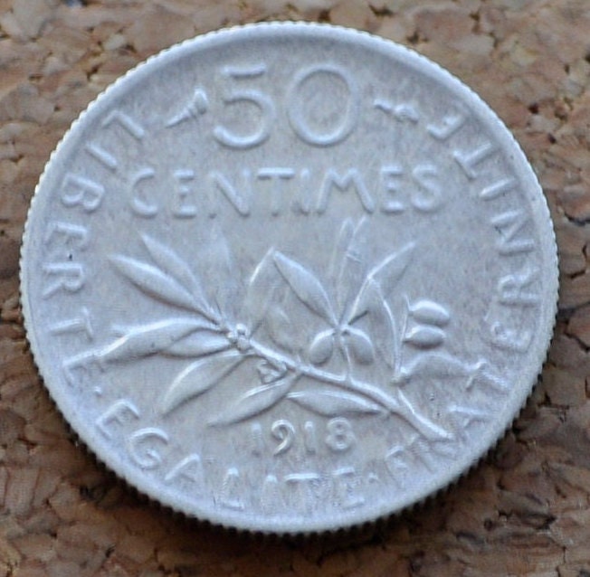1918 French 50 Centimes Coin - Silver 50 Centimes - WWI Era - France Silver Fifty Centimes - 50 Centimes France 1918