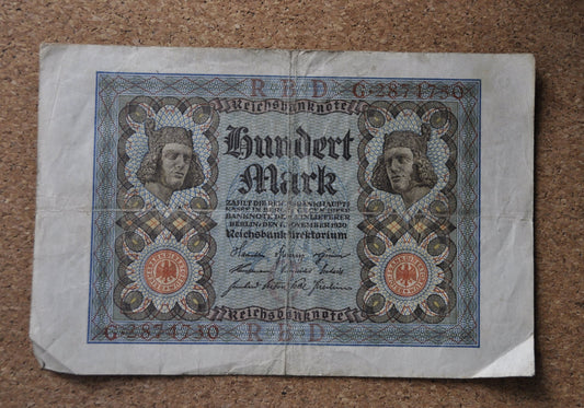 1920 100 Mark German Paper Note - Reichsbanknote - Excellent Condition - WWI era note