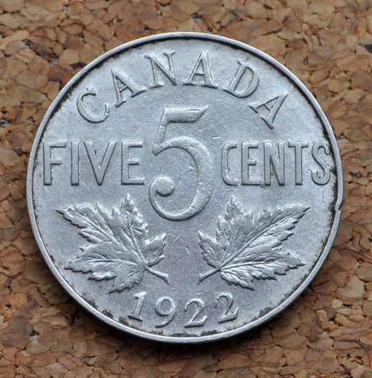 1922 Canadian Nickel - XF (Extremely Fine) Grade / Condition - King George V - 5 Cent Coin Canada 1922 Canadian Nickel
