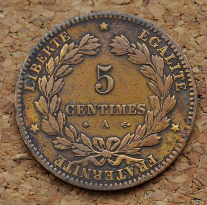 1876 French 5 Centimes Coin-  5 Centimes 1876 France - Very Fine Condition - Great Old French Coin 1876-A, Paris
