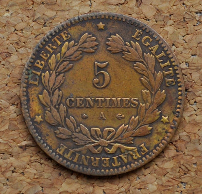 1876 French 5 Centimes Coin-  5 Centimes 1876 France - Very Fine Condition - Great Old French Coin 1876-A, Paris