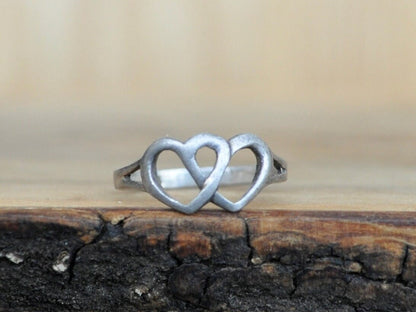 Antique Sterling Silver Ring - Size 8 Ring Size 8 (18.1 MM Band) - Simple Two Hearts Design - Vintage Rings Silver - 925 Silver