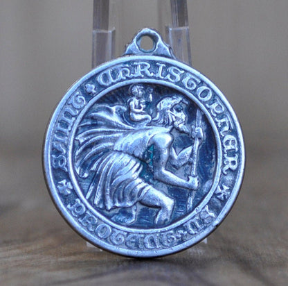 Antique Sterling Silver St. Christopher Pendent - Catholic Safe Journey Token Silver - St. Christopher Protect Us - Silver Pendent