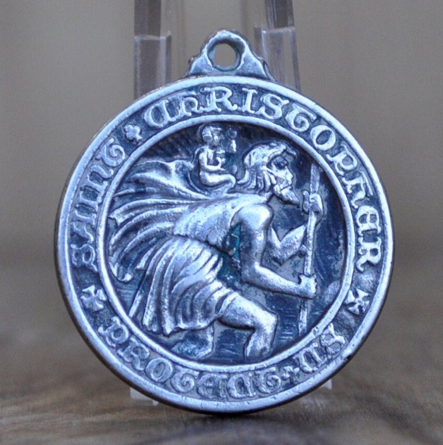 Antique Sterling Silver St. Christopher Pendent - Catholic Safe Journey Token Silver - St. Christopher Protect Us - Silver Pendent