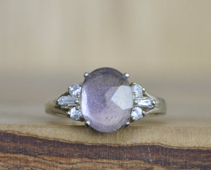 Antique Sterling Silver Ring Gold Tone  - Size 8 Ring Size 8 (18.1 MM Band) - Purple Fluorite and Cubic Zirconia Stones - 925 Silver