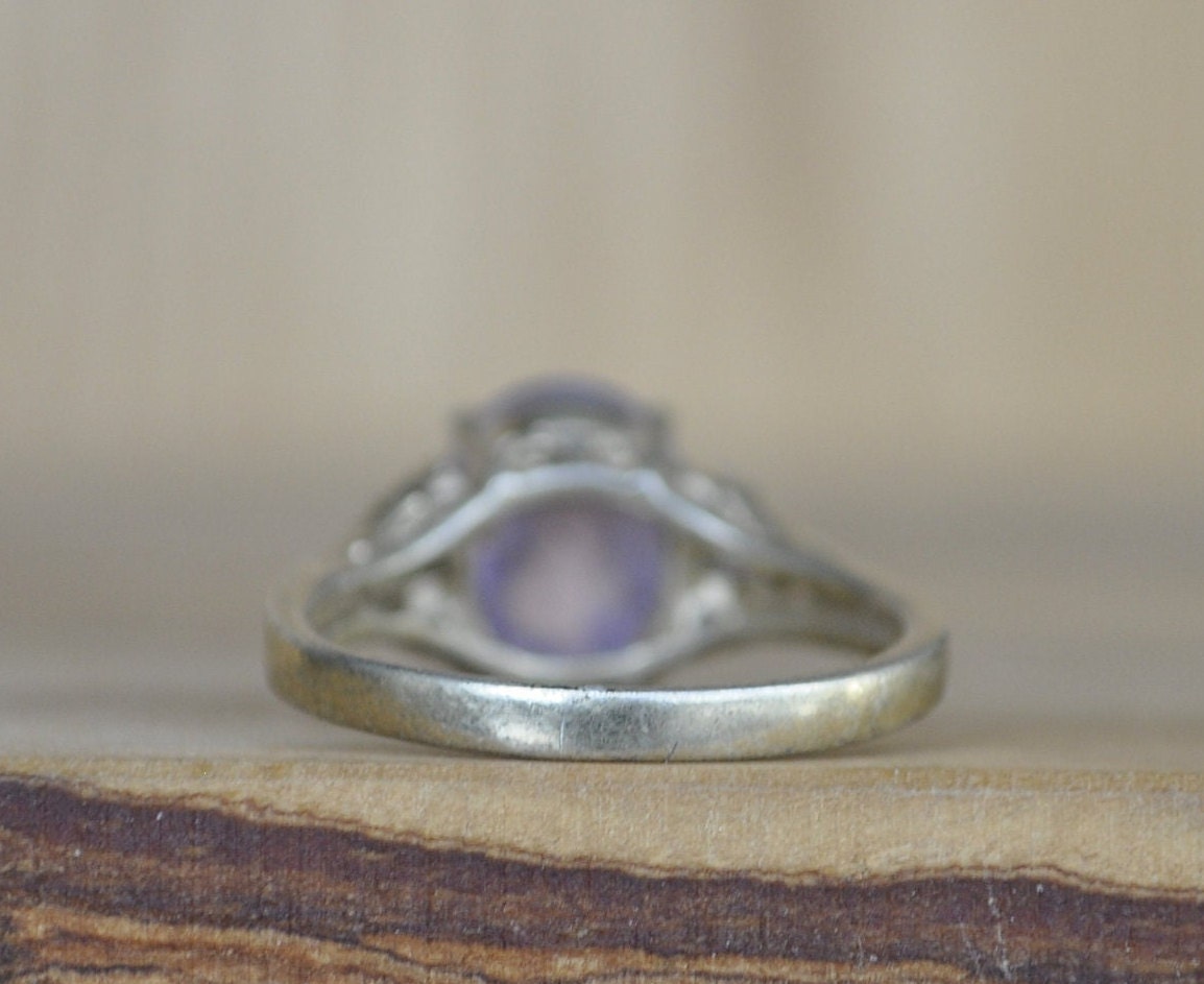 Antique Sterling Silver Ring Gold Tone  - Size 8 Ring Size 8 (18.1 MM Band) - Purple Fluorite and Cubic Zirconia Stones - 925 Silver