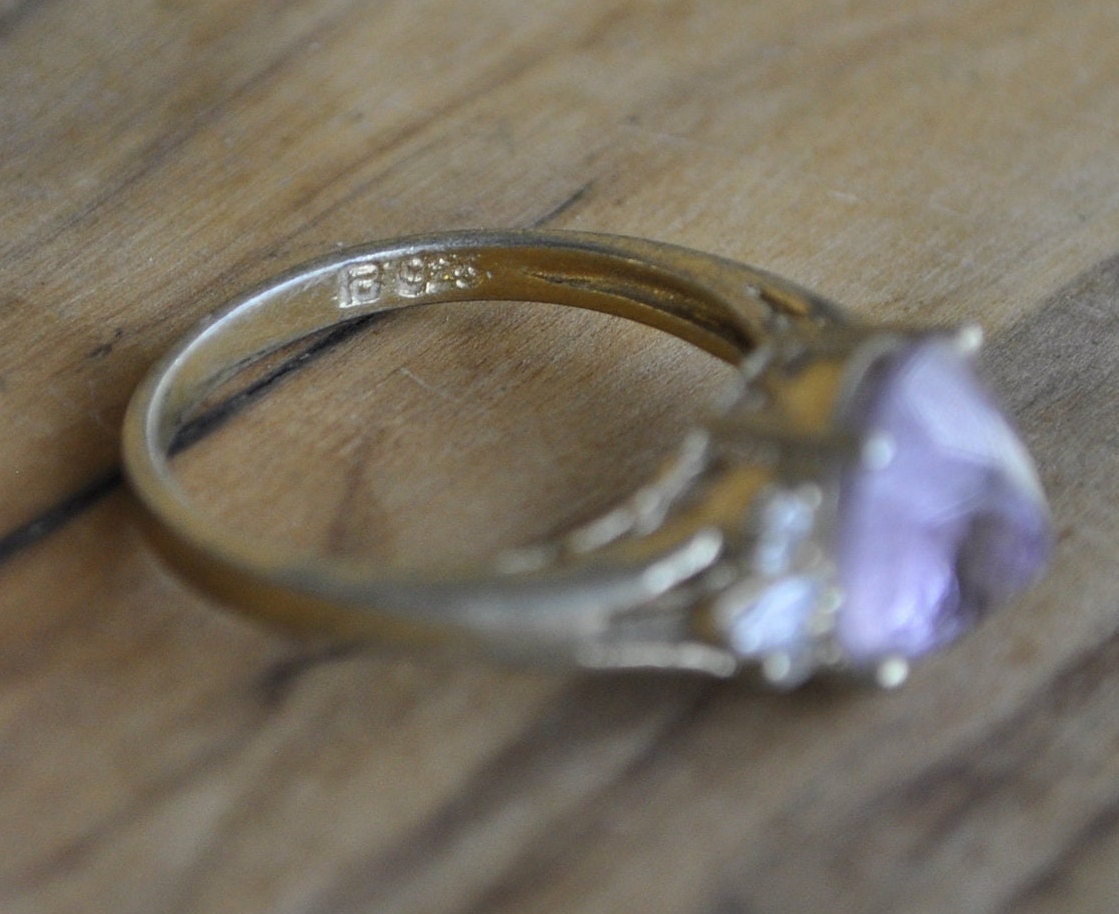 Antique Sterling Silver Ring Gold Tone  - Size 8 Ring Size 8 (18.1 MM Band) - Purple Fluorite and Cubic Zirconia Stones - 925 Silver