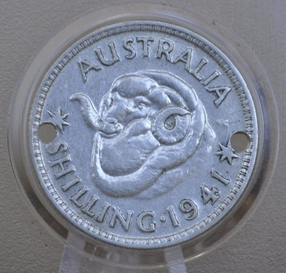 1941 Australia Silver Shilling 1941 1 Shilling - Great Condition, Holes Drilled for a Charm Jewelry / Bracelet - Australian Silver Shilling