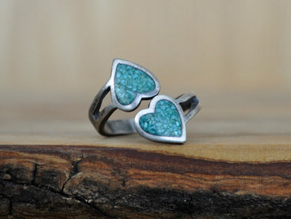 Antique Sterling Silver Ring - Size 6 Ring Size 6 (16.5 MM Band) - Two Turquoise Hearts Design - Vintage Rings Silver - 925 Silver