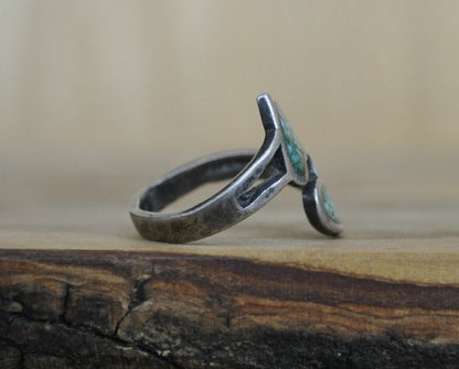 Antique Sterling Silver Ring - Size 6 Ring Size 6 (16.5 MM Band) - Two Turquoise Hearts Design - Vintage Rings Silver - 925 Silver