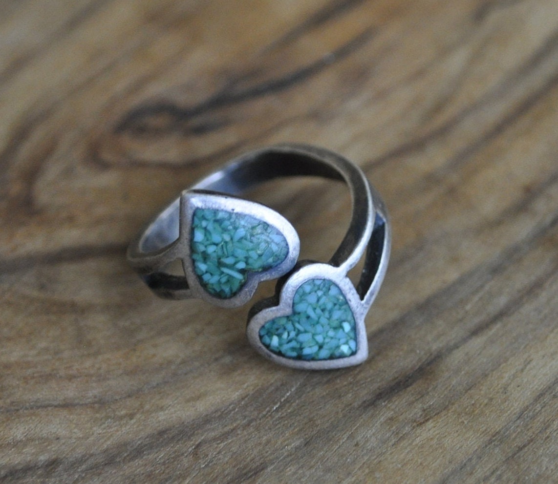 Antique Sterling Silver Ring - Size 6 Ring Size 6 (16.5 MM Band) - Two Turquoise Hearts Design - Vintage Rings Silver - 925 Silver