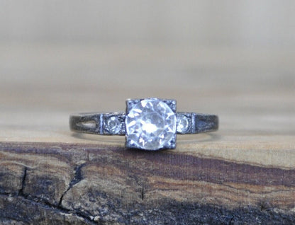 Antique Sterling Silver Ring  - Size 7 Ring Size 7 (17.5 MM Band) - Brilliant Cut Cubic Zirconia Stone - 925 Silver