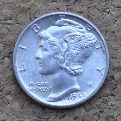 1942-S Mercury Dime - AU (About Uncirculated) - San Francisco Mint - 1942 S Winged Liberty Head Dime - 1942 S Silver Dime - AU