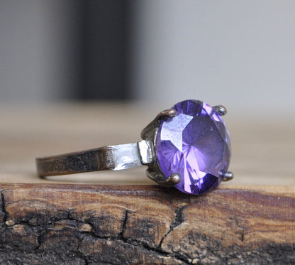 Antique Amethyst Ring Set in Sterling Silver - Size 9 Ring Size 9 (18.9 MM Band) - Brilliant Cut Amethyst and Cubic Zirconia Side Stones