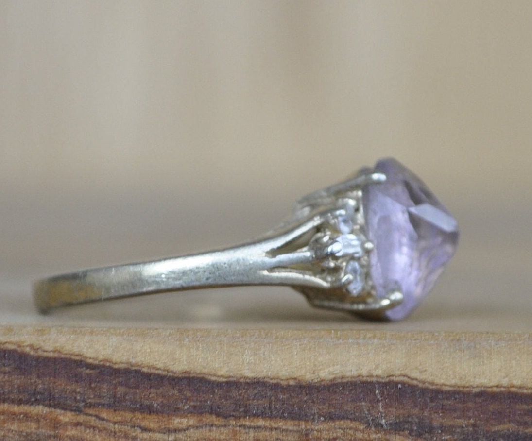 Antique Sterling Silver Ring Gold Tone  - Size 8 Ring Size 8 (18.1 MM Band) - Purple Fluorite and Cubic Zirconia Stones - 925 Silver