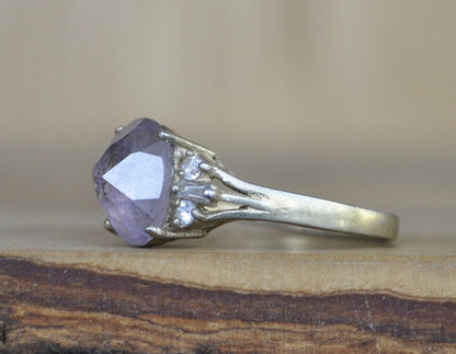 Antique Sterling Silver Ring Gold Tone  - Size 8 Ring Size 8 (18.1 MM Band) - Purple Fluorite and Cubic Zirconia Stones - 925 Silver