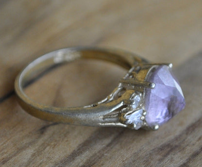 Antique Sterling Silver Ring Gold Tone  - Size 8 Ring Size 8 (18.1 MM Band) - Purple Fluorite and Cubic Zirconia Stones - 925 Silver