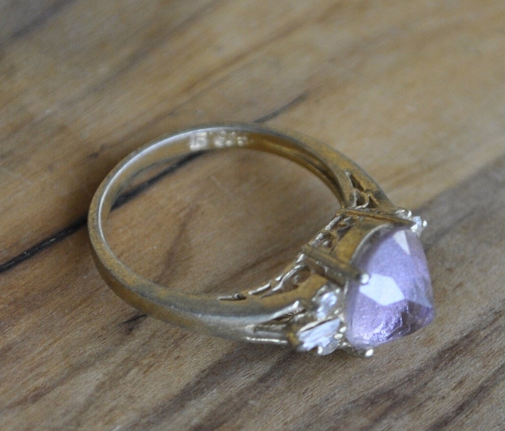 Antique Sterling Silver Ring Gold Tone  - Size 8 Ring Size 8 (18.1 MM Band) - Purple Fluorite and Cubic Zirconia Stones - 925 Silver