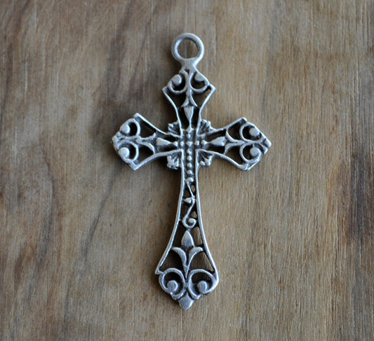 Antique Sterling Silver Cross Pendent -  Sterling Silver Cross Necklace - Antique Religious Medallion