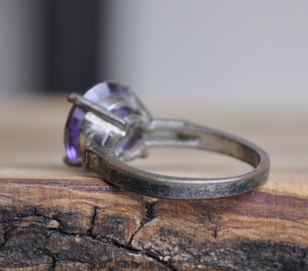 Antique Amethyst Ring Set in Sterling Silver - Size 9 Ring Size 9 (18.9 MM Band) - Brilliant Cut Amethyst and Cubic Zirconia Side Stones