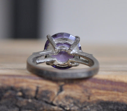 Antique Amethyst Ring Set in Sterling Silver - Size 9 Ring Size 9 (18.9 MM Band) - Brilliant Cut Amethyst and Cubic Zirconia Side Stones