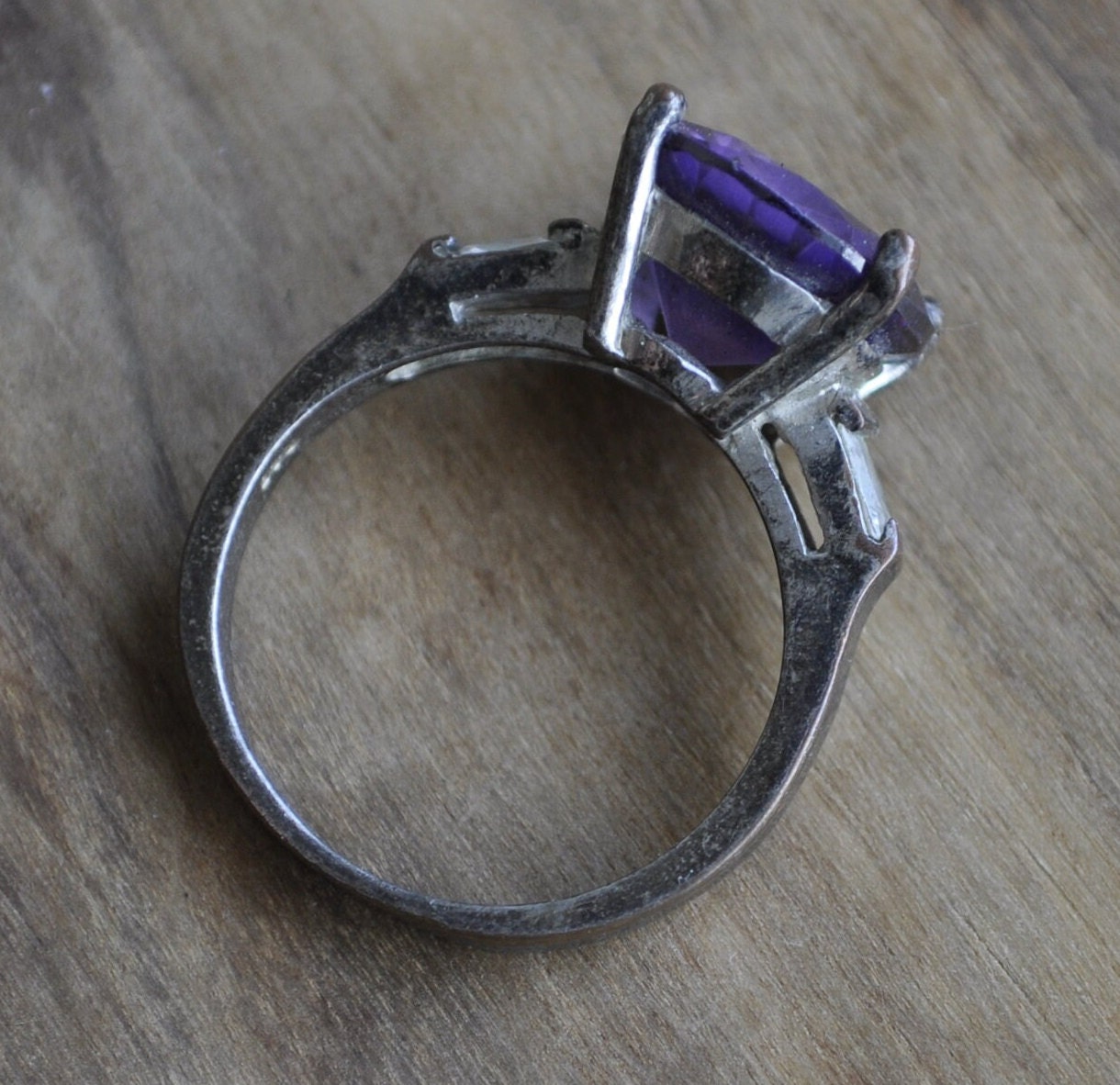 Antique Amethyst Ring Set in Sterling Silver - Size 9 Ring Size 9 (18.9 MM Band) - Brilliant Cut Amethyst and Cubic Zirconia Side Stones