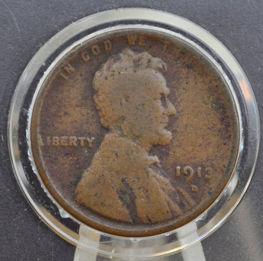 1913-D Wheat Penny - AG (About Good) Grade / Condition - Early Date - 1913D Wheat Cent - Denver Mint - Wheat Ear Cent 1913 D - WW1 Era Coin