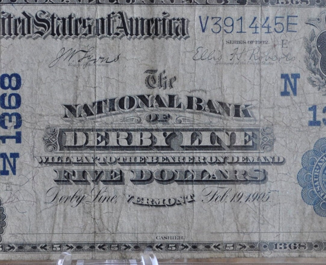 1902 Series 5 Dollar National Currency Note CH#1368 - F (Fine) - National Bank Derby Line Vermont 1902 Five Dollar Bill Large Note Ch1368
