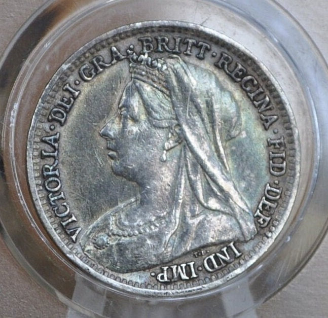 1898 Threepence Great Britain 3 Pence Silver - AU (About Uncirculated) Condition, Rainbow Toned - Queen Victoria - UK 3 Pence Silver 1898