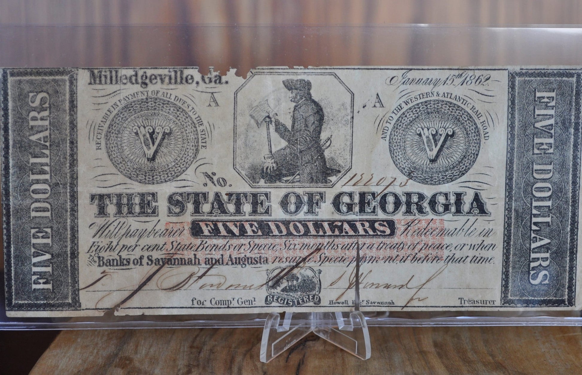 1862 The State of Georgia 5 Dollar Paper Banknote - VG Condition, one split - Rarer Find, Obsolete Currency - Five Dollar Bill 1862 Georgia