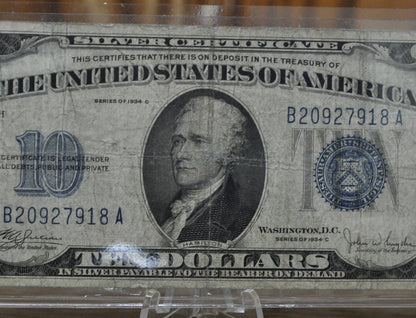 1934-C 10 Dollar Silver Certificate - F (Fine) Grade / Condition - Blue Seal 1934 C Ten Dollar Silver Certificate - Fr#1704, Fr1704